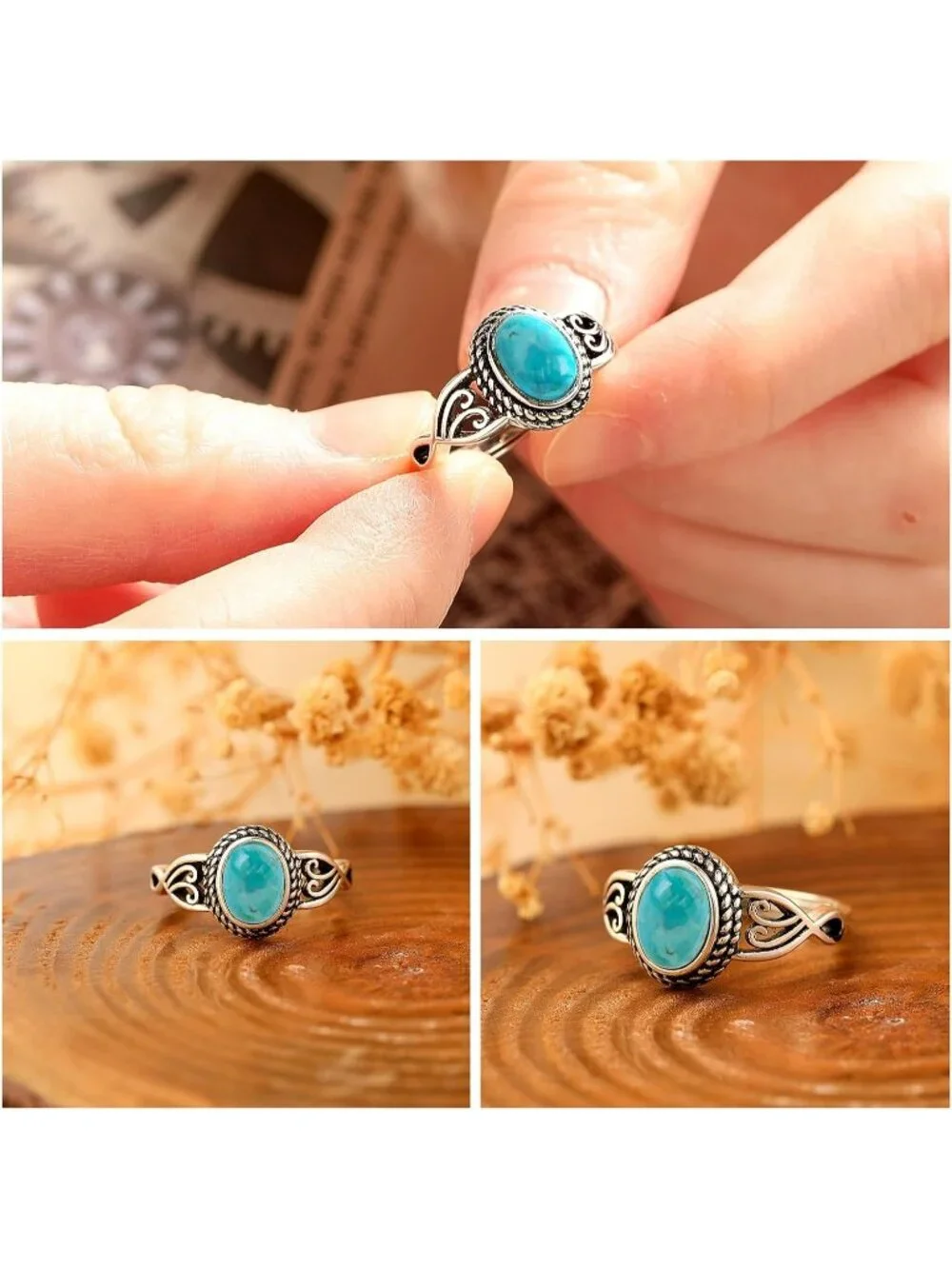 Women's Turquoise 925 Sterling Silver Oval Adjustable Natural Stone Ring